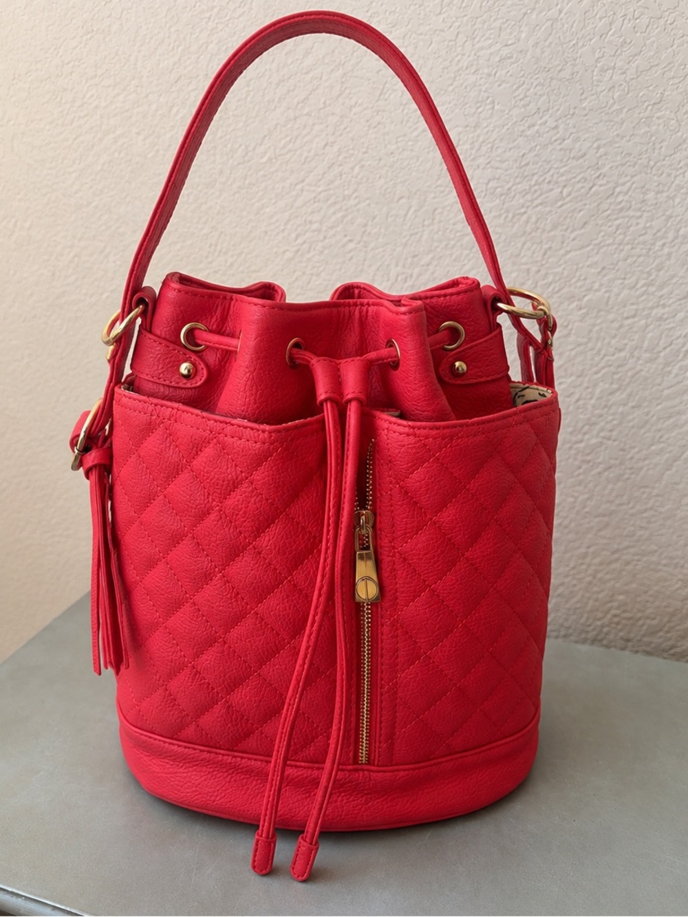 Steve Madden Red Quilted Drawstring Bucket Bag